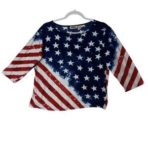 Collections Etc Top Women Medium Sequin Blouse  Artsy 4th Of July USA Flag Stars